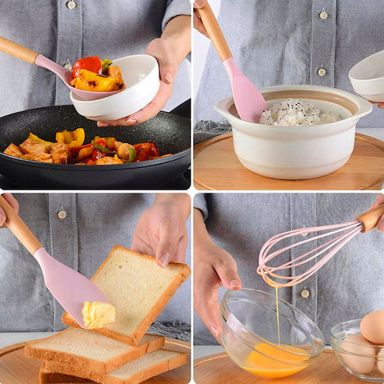 Hard-er Cooking Utensil Set Made Of Silicone With Stand 12 Pieces Pink