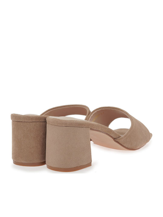 Suede Mules με Ψηλό Τακούνι σε Καφέ Χρώμα