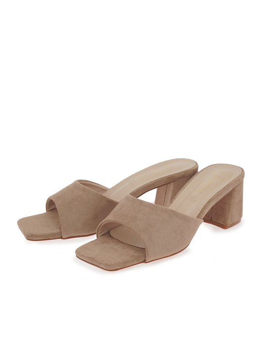 Suede Mules με Ψηλό Τακούνι σε Καφέ Χρώμα