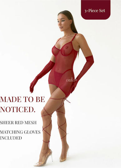 Set De Lenjerie Sexy 3 Bucăți Obro Rochie Mini Plasă Semitransparentă Tanga Mănuși Lungi Roșii