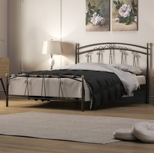 Pat Prețios Dublu Tapițat cu Material Maro pentru Saltea 160x200cm