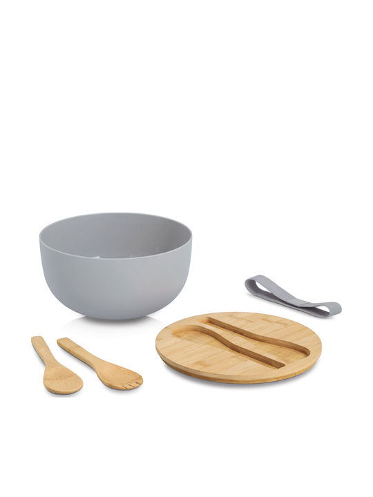 Plastic Gray Salad Bowl with Salad Spoons 23.5x23.5x12.5cm