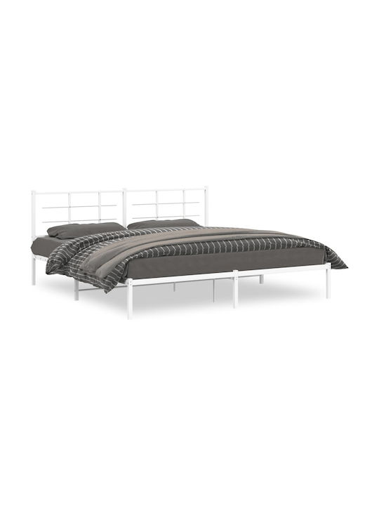 King Size Metal Bed White with Slats for Mattress 193x203cm