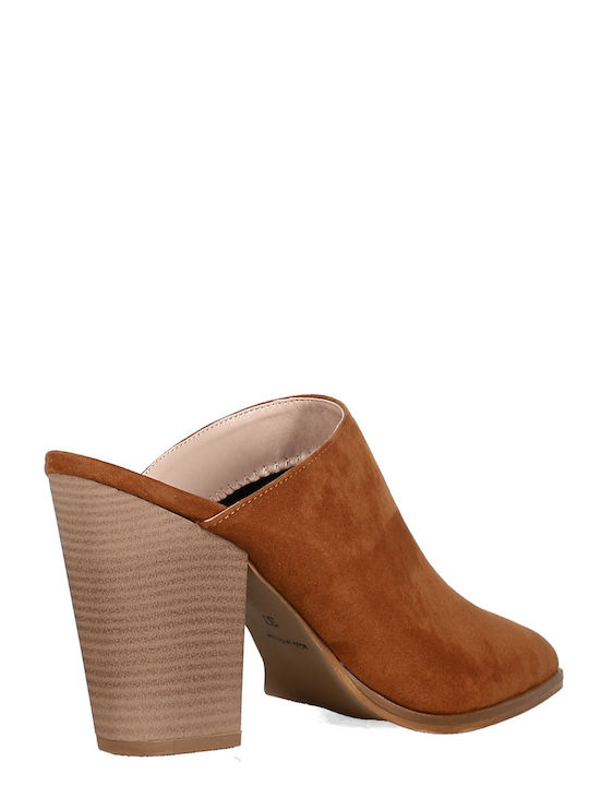 Suede Mules with Chunky High Heel in Brown Colour