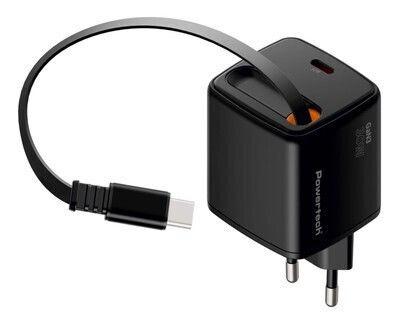 Powertech Charger with Built-in GaN Cable with USB-C Port USB-C 30W Power Delivery Quick Charge 2.0 Quick Charge 3.0 Quick Charge 4.0 Black (PT-1571)