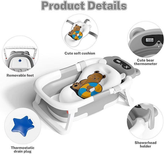Little Mom Folding Baby Bath with Thermometer Gray