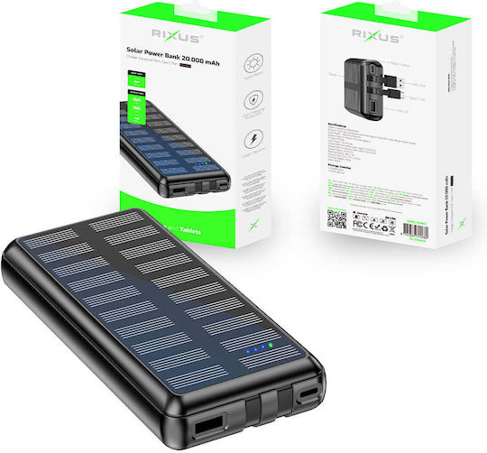 Rixus RXPB47 Solar Power Bank 20000mAh 10W with USB-A Port and USB-C Port Black