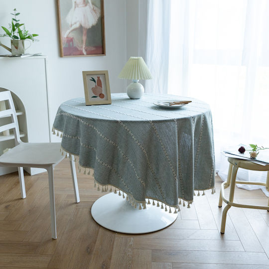 FRIPIA Round Linen Tablecloth With Gray Embroidery Φ180cm