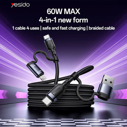 Yesido Braided USB to Type-C / Lightning Cable Μαύρο 1m