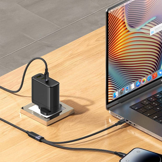 Yesido Плетен USB към Type-C / Lightning кабел Черен 1.2m