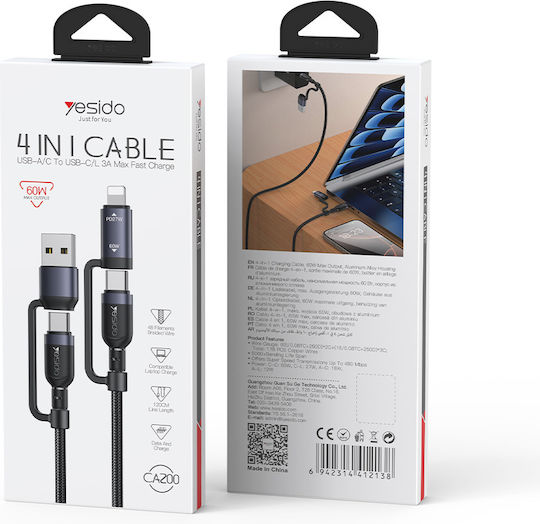 Yesido Braided USB to Type-C / Lightning Cable Μαύρο 1m