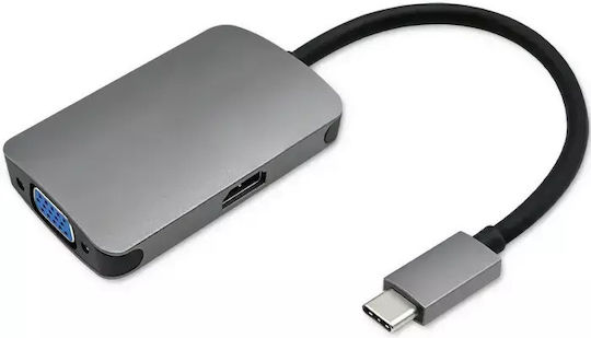 Qoltec 50380 Конвертор USB-C / HDMI / VGA Мъжки в USB-C / HDMI / VGA Женски Сив
