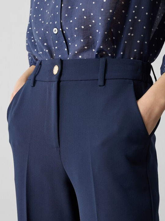 Pantaloni Largi Dama cu Elastic pe Croială Wide Albastru