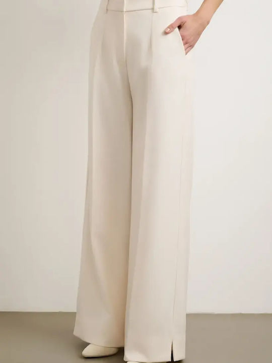 Women's High Rise Fabric Trousers Ecru
