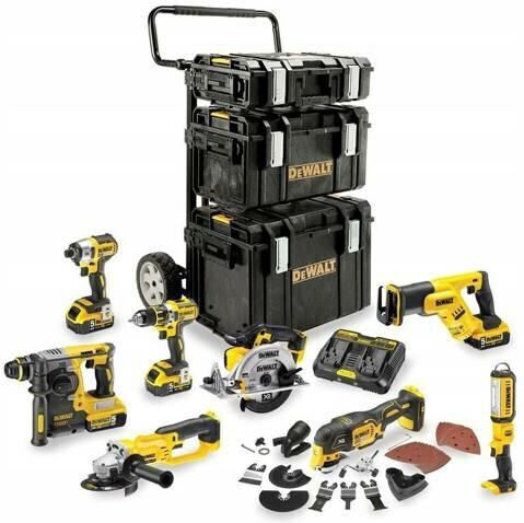 DEWALT DCK856P4 Set Eckiges Rad & Kreissäge & Schlagbohrschrauber & Schlagschrauber & Hammer & Stichsäge & Stichsäge & Objektiv 18V mit 4 Batterien 5Ah und Hülle