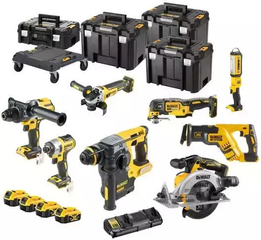 DEWALT Set Eckiges Rad & Kreissäge & Schlagbohrschrauber & Schlagschraubendreher & Multitool & Excavator & Stichsäge & Objektiv 18V mit 4 Batterien 5Ah und Hülle