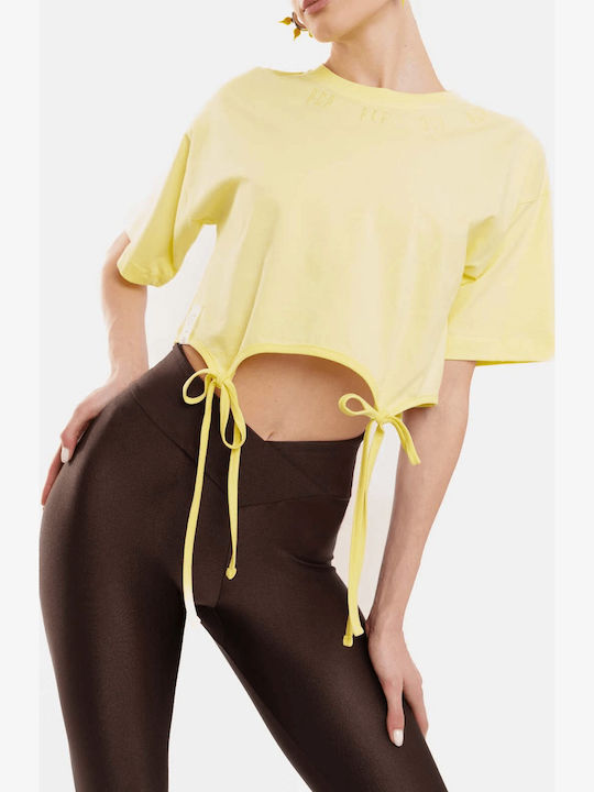 Γυναικείο Crop Top Βαμβακερό Κοντομάνικο Ριγέ Κίτρινο