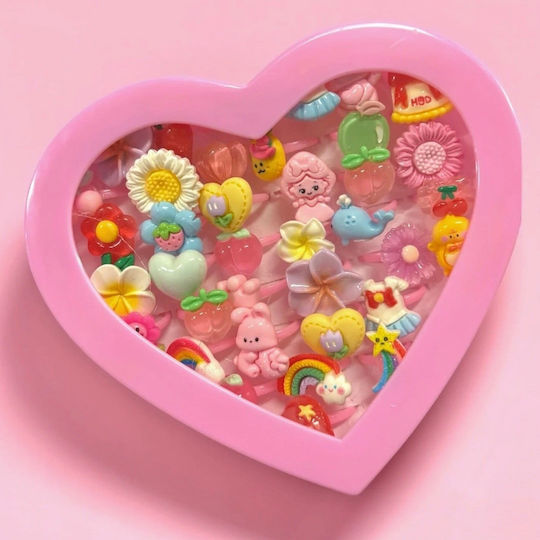 Set of 36 Kids Rings Heart Case