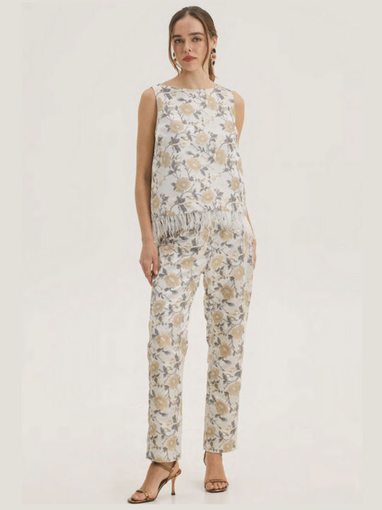 Women's Fabric Trousers in Regular Fit Floral Ecru