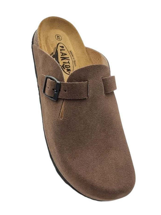 Heel Enclosed Leather Winter Men's Slippers Brown