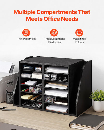 Vevor Document Organizer 12 Slots Office Side Vertical Storage Wooden Letter Divider Particle Board Desktop Office Organizer Files Documents Papers Black