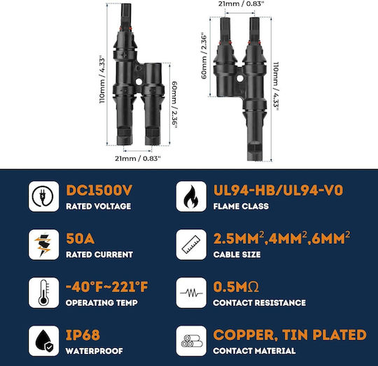 Conector Solar MC4 Splitter Tip T 1 La 2 – Pereche M→FF + F→MM 1500V DC 50A IP68 Material PPO Rezistent UV Cablu 2.5 mm2 4 mm2 6 mm2 – Onuvio