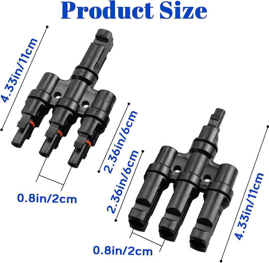 Conector Solar MC4 Splitter Tip T 1 La 3 – Pereche M→FFF + F→MMM 1500V DC 50A IP68 Material PPO Rezistent UV Cablu 2.5 mm² 4 mm² 6 mm² – Onuvio