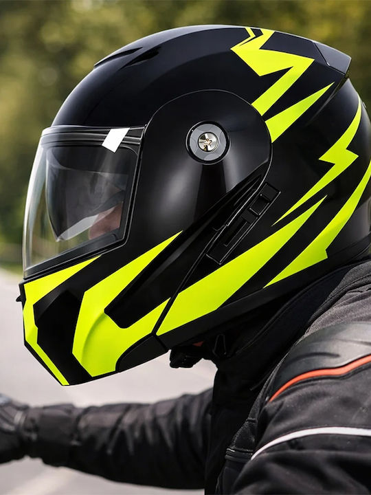 FIXATO Neva Black/Green Motorcycle Helmet Flip-Up ECE 22.06 with Sun Visor