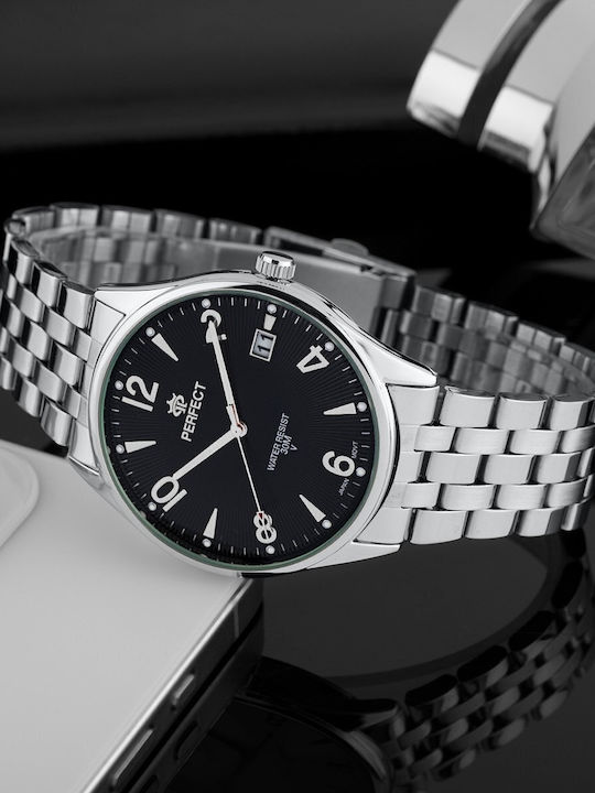 Perfect Ανδρικό Ρολόι 42mm Μπαταρίας με Ασημί Μεταλλικό Μπρασελέ