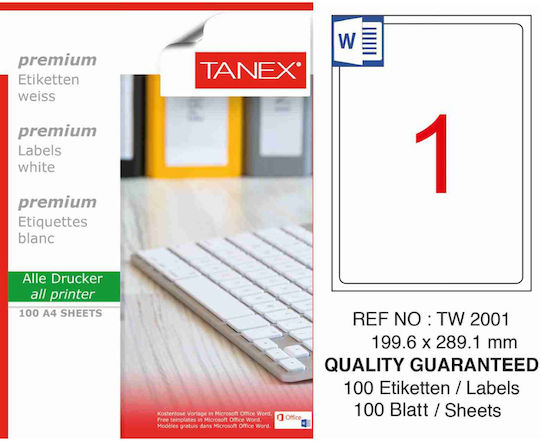 Tanex Selbstklebende A4 Etiketten Rechteckig 199,6x289,1mm