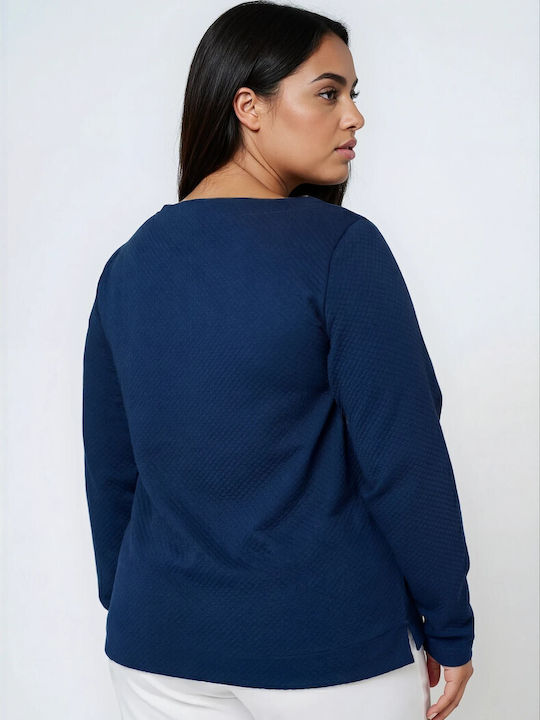Women's Long Sleeve Blouse with Smile Neckline Blue