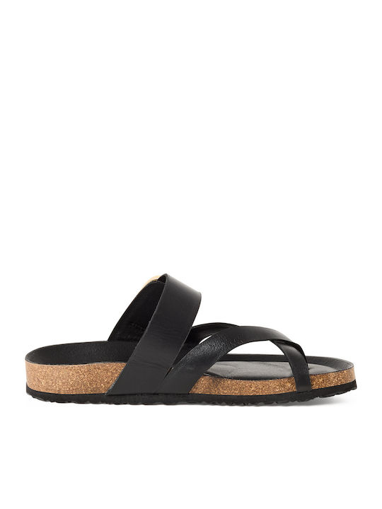 Damentliche Leder Flache Sandalen Schwarz