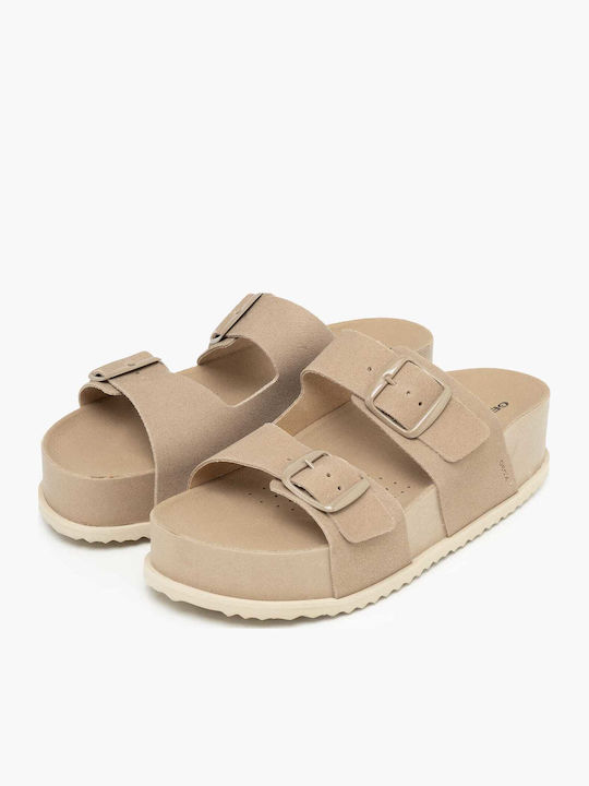 Δερμάτινα Γυναικεία Σανδάλια Flatforms Καφέ