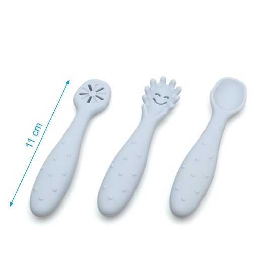 Kiokids Baby Set with Fork Made of Silicone for 6+ Months Light Blue 3 Pieces