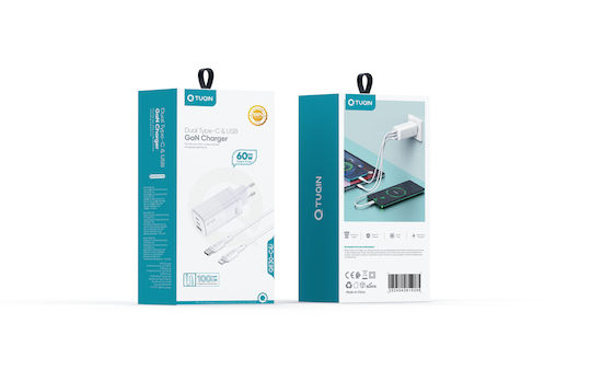 Tuqin GaN Charger with USB-A Port and 2 USB-C Output Ports and USB-C - Lightning Cable 60W Power Delivery White