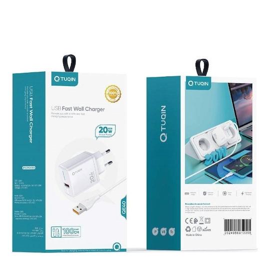 Tuqin Φορτιστής με Θύρα USB-A και Καλώδιο Lightning 20W Λευκός (QE40-I)