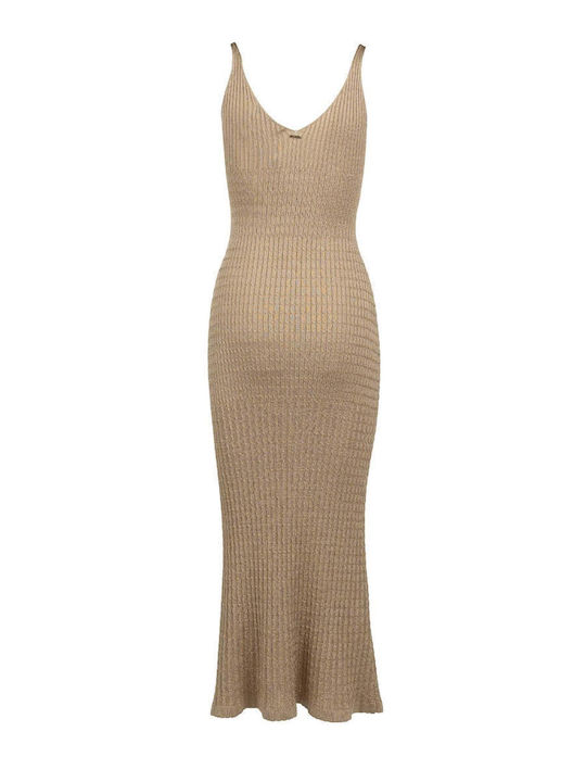 Summer Midi Evening Dress with Mesh Beige