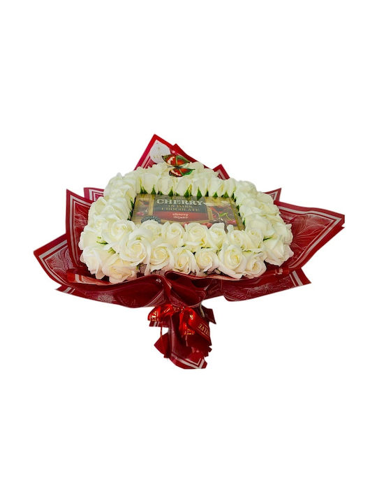 Buchet Alb Premium Inimă În Formă De Inimă 61 Trandafiri Săpun Bomboane De Cireșe În Ciocolată Neagră 50 Cm
