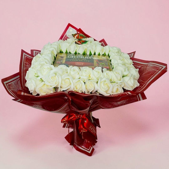 Premium Heart White Bouquet In Heart Shape 61 Soap Roses Cherry Candies In Dark Chocolate 50 Cm