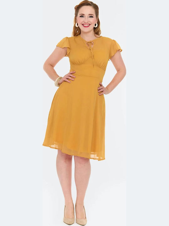 Vintage Sommer Midi Damenkleid Senf