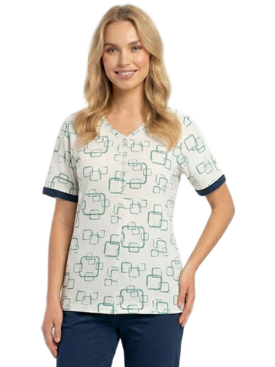 Giota Summer Women's Cotton Pyjama Set White- Blue