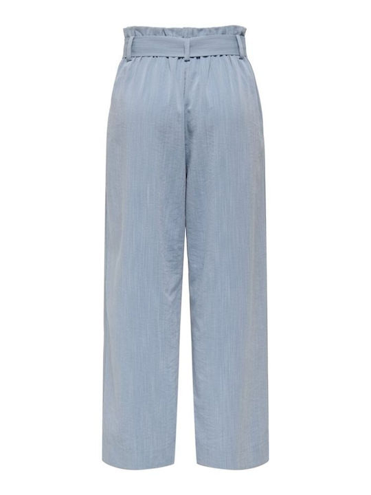 Solid Women's High Waist Fabric Flared Pants in Paperbag Fit Blue