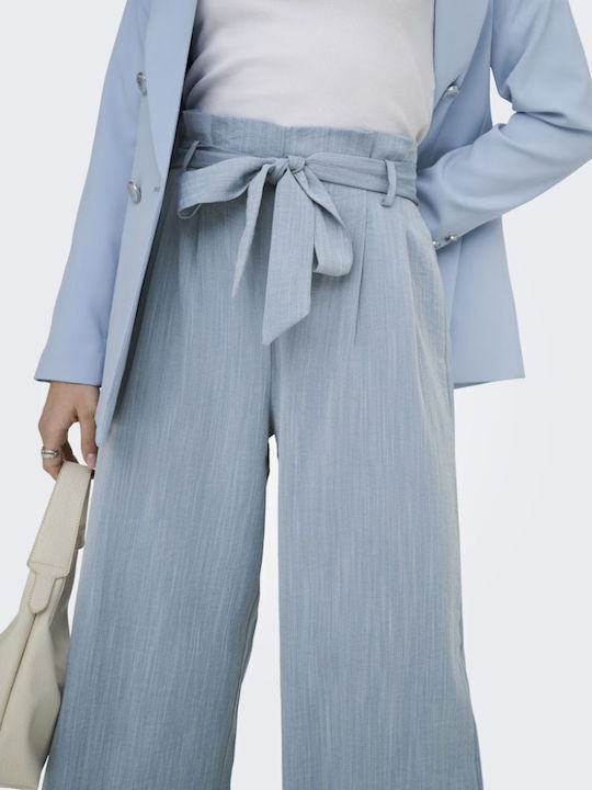 Solid Women's High Waist Fabric Flared Pants in Paperbag Fit Blue