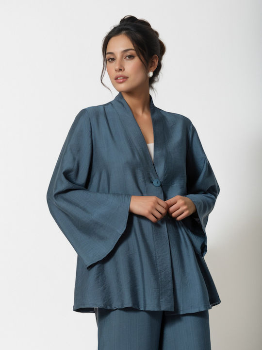 Women's Petrol Blue Set with Flared Trousers with Rubber Band