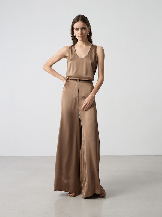 Pantaloni Largi Satinată Dama cu Elastic Moka
