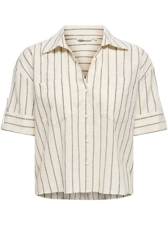 Short Sleeve Women's Shirt Off White/Blk Str Striped