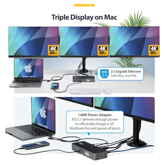 StarTech Dock / USB-A / USB-C Docking Station με HDMI/DisplayPort 4K PD Ethernet και σύνδεση 2 Οθονών Μαύρο (DK30C2DPEPRUE)