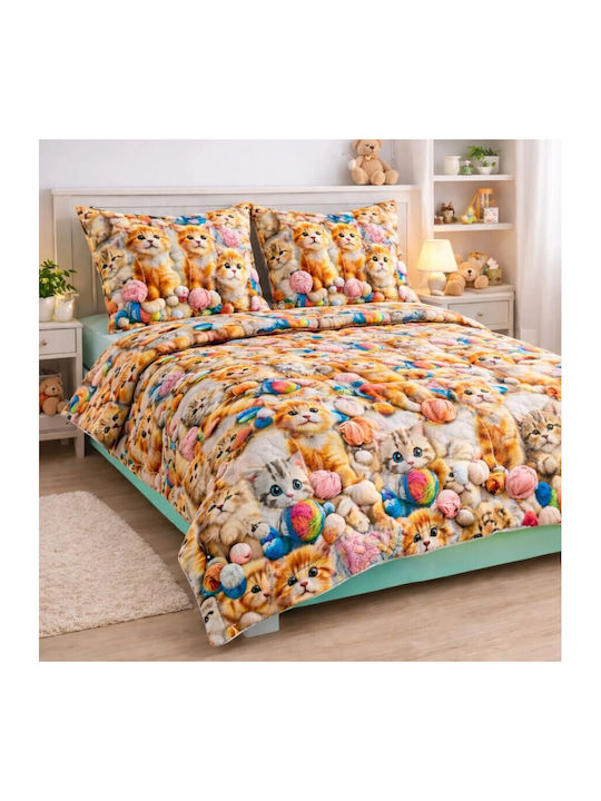 Pucioasa Set Huse Pentru Pilote Din Bumbac 200x230cm Dublu Cu 2 Fețe De Pernă Și 1 Cearșaf Playful Kittens