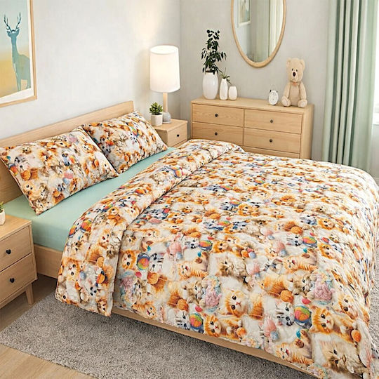 Pucioasa Cotton Satin Duvet Cover Set 200x230cm Double With 2 Pillowcases & 1 Bed Sheet Playful Kittens