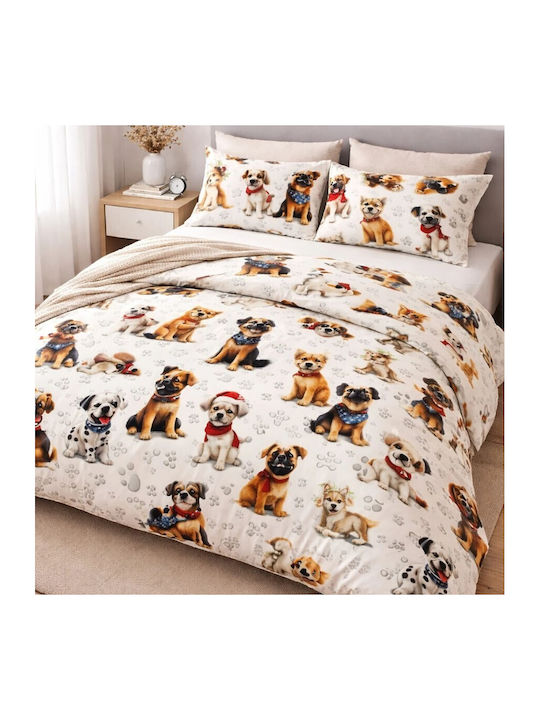 Pucioasa Set Huse Pentru Pilote Din Bumbac 200x230cm Dublu Cu 2 Fețe De Pernă & 1 Cearceaf Puppies